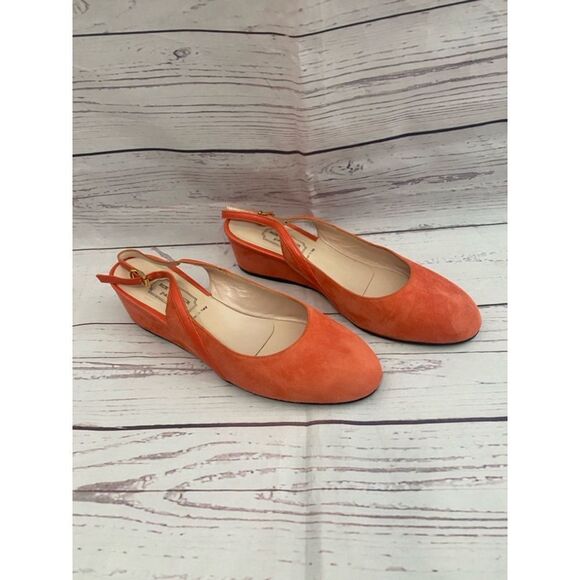Women's Rue du Jour Orange Suede Slingback Wedge Heels Size 38 - Picture 1 of 10